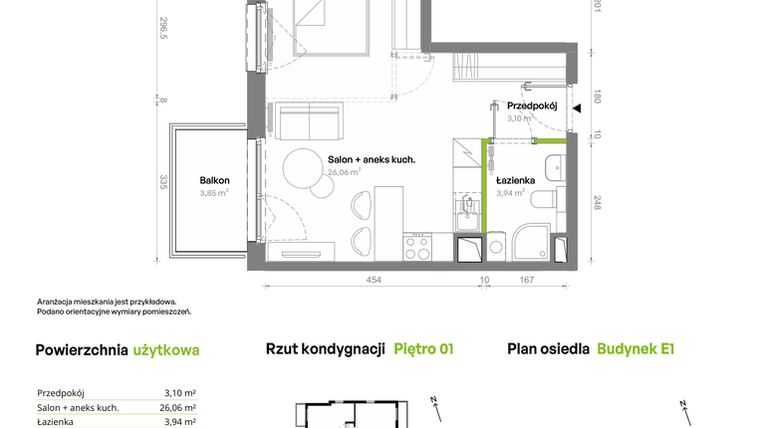 Rzut - Mieszkanie na sprzedaż 1 pokój o powierzchni 33,1 m² - numer E1.01.10 w Południe Vita