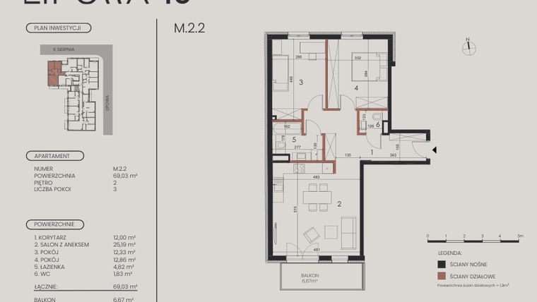 Rzut - Mieszkanie na sprzedaż 3 pokoje o powierzchni 69,03 m² - numer M.2.2 w Lipowa 43