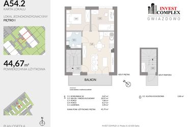 Rzut - Mieszkanie na sprzedaż 3 pokoje o powierzchni 44,67 m² - numer A54.2 w Osiedle Gwiazdowo etap 6B
