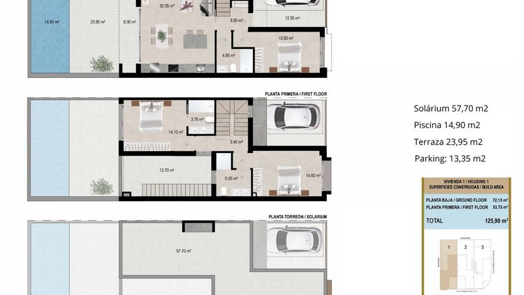 Rzut - Dom na sprzedaż 3 pokoje o powierzchni 125,9 m² - numer 1 w Domy szeregowe w San Javier - 36609957