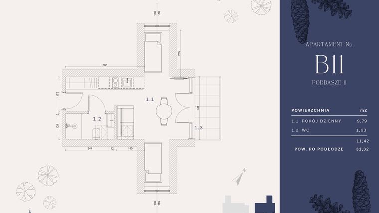Rzut - Mieszkanie na sprzedaż 2 pokoje o powierzchni 11,86 m² - numer B11 w Rysulówka 70