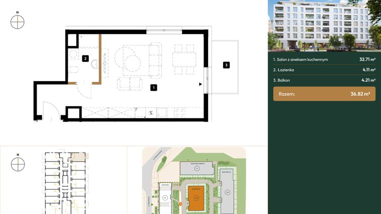 Rzut - Mieszkanie na sprzedaż 1 pokój o powierzchni 36,82 m² - numer 2.M2.11 w Wierzbowa 20