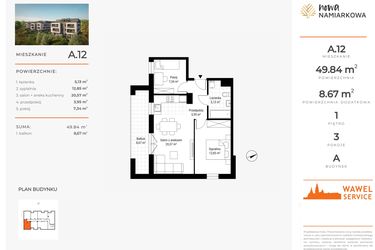 Rzut - Mieszkanie na sprzedaż 3 pokoje o powierzchni 49,84 m² - numer A.12 w Nowa Namiarkowa