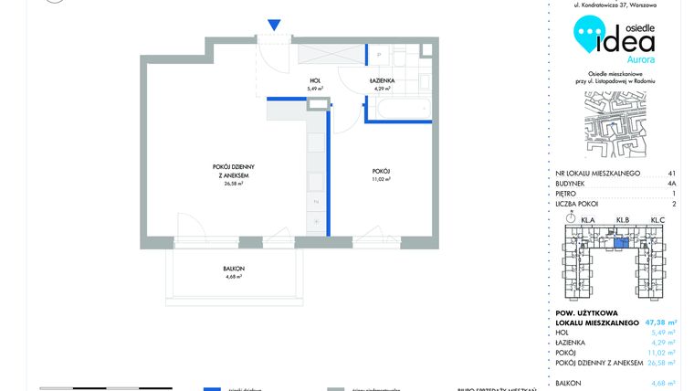 Rzut - Mieszkanie na sprzedaż 2 pokoje o powierzchni 47,31 m² - numer 41.4A w Osiedle Idea Aurora