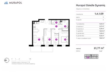 Rzut - Mieszkanie na sprzedaż 2 pokoje o powierzchni 61,77 m² - numer 1.A.1.09 w Murapol Osiedle Dynamiq