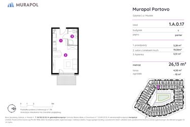 Rzut - Mieszkanie na sprzedaż 1 pokój o powierzchni 26,13 m² - numer 1.A.0.17 w Murapol Portovo etap II