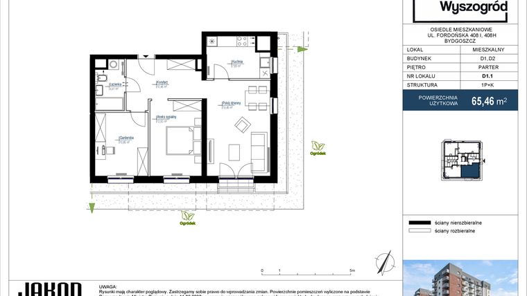 Rzut - Mieszkanie na sprzedaż 1 pokój o powierzchni 65,46 m² - numer D1.1 w Nowy Wyszogród etap III