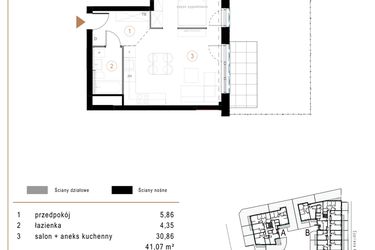 Rzut - Mieszkanie na sprzedaż 1 pokój o powierzchni 41,07 m² - numer D02 w Osiedle Józefowska
