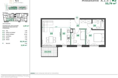 Rzut - Mieszkanie na sprzedaż 3 pokoje o powierzchni 55,29 m² - numer A.1.5 w Apartamenty Pszczyńska