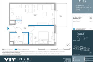 Rzut - Mieszkanie na sprzedaż 2 pokoje o powierzchni 42,51 m² - numer A.1.3.2 w Meri Apartamenty