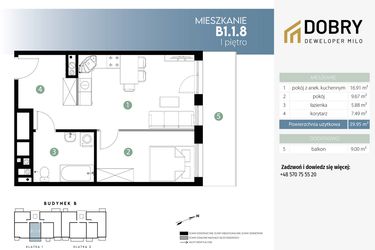 Rzut - Mieszkanie na sprzedaż 2 pokoje o powierzchni 39,95 m² - numer B1.1.8 w ul. Bogatyńska Maślice Wrocław Dobry Deweloper Milo