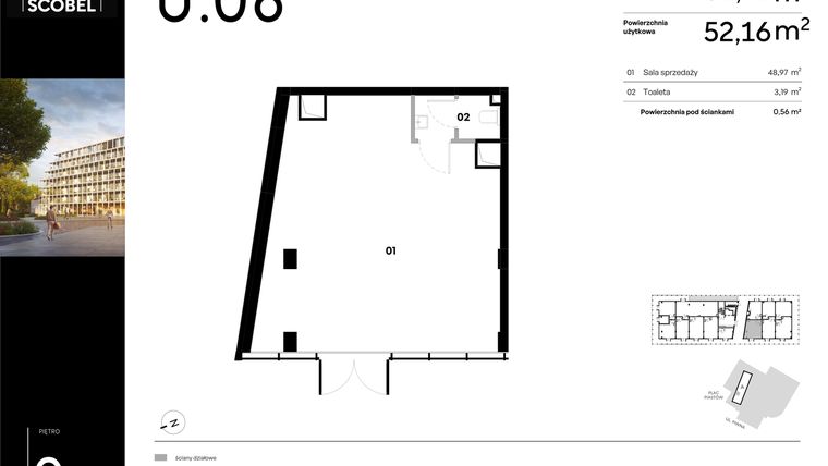 Rzut - Lokal użytkowy na sprzedaż 1 pokój o powierzchni 52,72 m² - numer U.06 w Browar HUGO SCOBEL