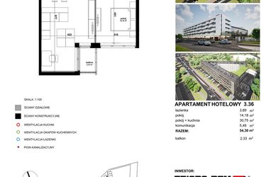 Rzut - Mieszkanie na sprzedaż 2 pokoje o powierzchni 54,12 m² - numer 3.36 w Apartamentowiec Zwycięska 3 - inwestycyjne
