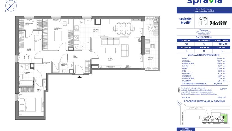 Rzut - Mieszkanie na sprzedaż 3 pokoje o powierzchni 98,12 m² - numer 1/39 w Osiedle Motiff
