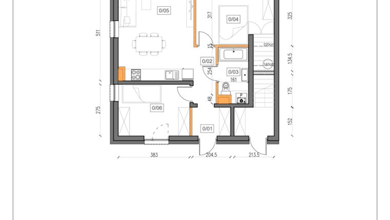 Rzut - Mieszkanie na sprzedaż 3 pokoje o powierzchni 55,6 m² - numer 6 w Małe Wilczyce etap 9