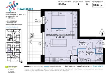 Rzut - Mieszkanie na sprzedaż 1 pokój o powierzchni 33,62 m² - numer B/9/97A w Osiedle Hawelańska etap III - bud. B