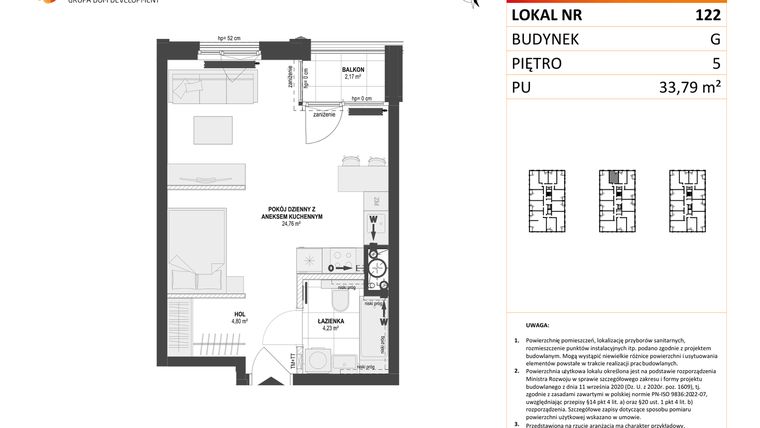Rzut - Mieszkanie na sprzedaż 1 pokój o powierzchni 33,79 m² - numer G.122 w DOKI Living etap II