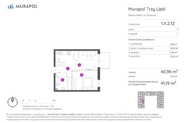 Rzut - Mieszkanie na sprzedaż 2 pokoje o powierzchni 41,19 m² - numer 1.A.2.12 w Murapol Trzy Lipki