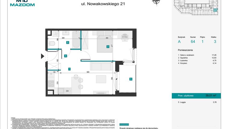 Rzut - Mieszkanie na sprzedaż 2 pokoje o powierzchni 39,01 m² - numer 64 w Błonie Vita