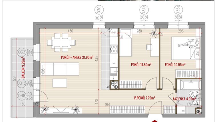 Rzut - Mieszkanie na sprzedaż 3 pokoje o powierzchni 66,46 m² - numer 23 w HUZAR B3
