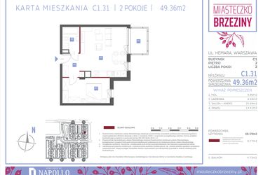 Rzut - Mieszkanie na sprzedaż 2 pokoje o powierzchni 49,36 m² - numer C1.31 w Miasteczko Brzeziny II