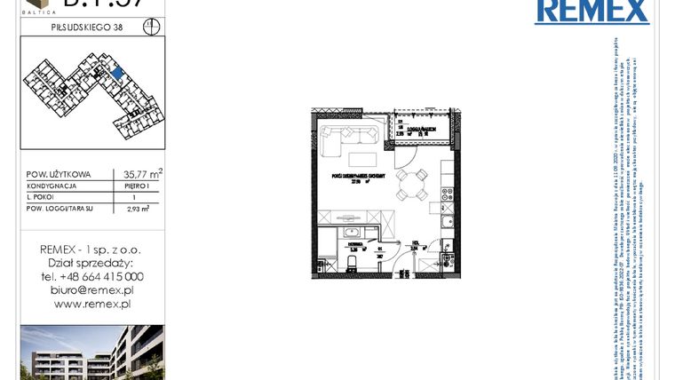 Rzut - Mieszkanie na sprzedaż 1 pokój o powierzchni 35,73 m² - numer B.1.57 w Osiedle BALTICA