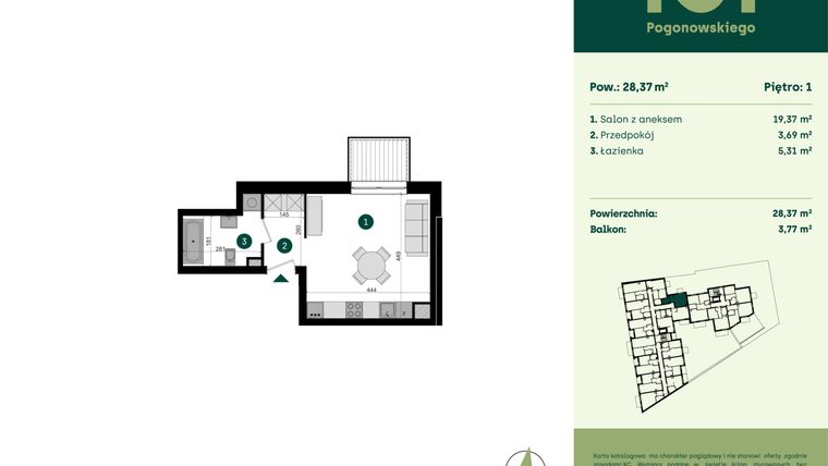 Rzut - Mieszkanie na sprzedaż 1 pokój o powierzchni 28,37 m² - numer POGO2/A/2L w Pogonowskiego 52