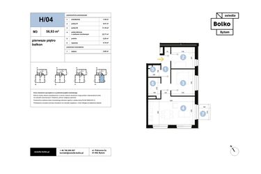 Rzut - Mieszkanie na sprzedaż 3 pokoje o powierzchni 56,93 m² - numer H/04 w Osiedle Bolko etap II