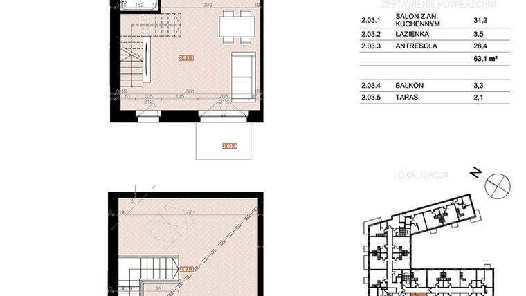 Rzut - Mieszkanie na sprzedaż 2 pokoje o powierzchni 63,1 m² - numer 203 w Szczecińska 20