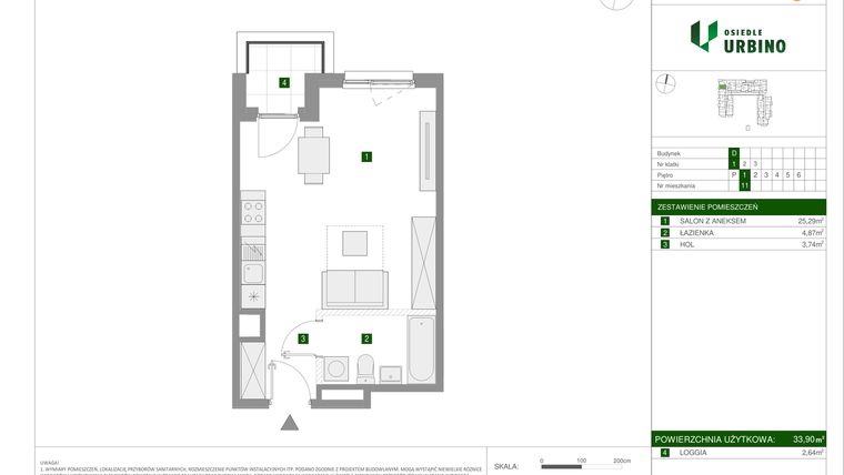 Rzut - Mieszkanie na sprzedaż 1 pokój o powierzchni 33,9 m² - numer 11 w Osiedle Urbino etap 1.4
