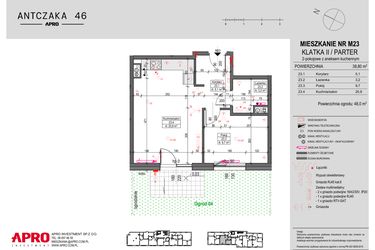 Rzut - Mieszkanie na sprzedaż 2 pokoje o powierzchni 38,8 m² - numer 23 w Antczaka 46