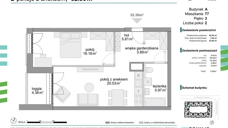 Rzut - Mieszkanie na sprzedaż 2 pokoje o powierzchni 52,36 m² - numer 77 w Osiedle Fokus Ursus