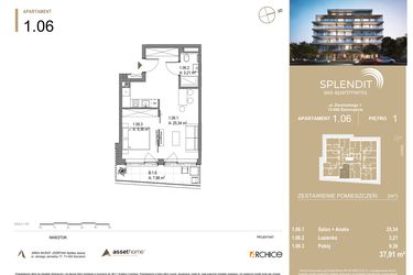 Rzut - Mieszkanie na sprzedaż 2 pokoje o powierzchni 37,91 m² - numer 1.6 w Splendit Świnoujście