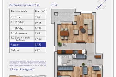 Rzut - Mieszkanie na sprzedaż 3 pokoje o powierzchni 65,33 m² - numer 51C.6 w Dębowa 51