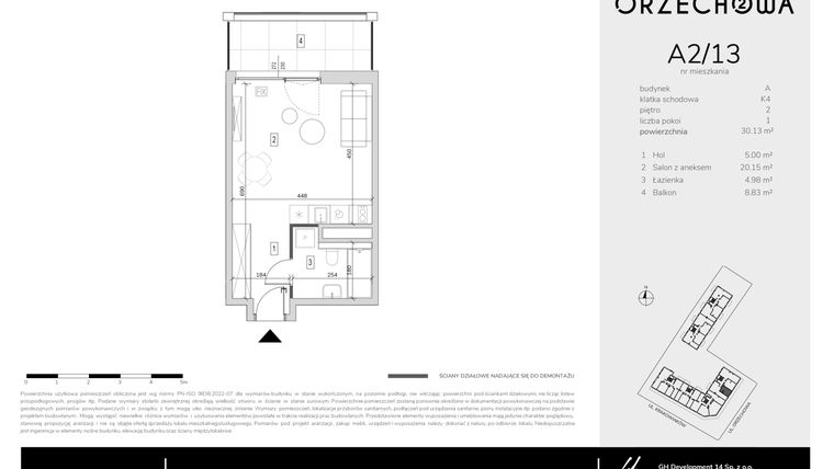 Rzut - Mieszkanie na sprzedaż 1 pokój o powierzchni 30,13 m² - numer A2-13 w Orzechowa 2