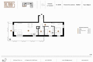 Rzut - Mieszkanie na sprzedaż 3 pokoje o powierzchni 70,12 m² - numer A-3-18 w Taczaka 5