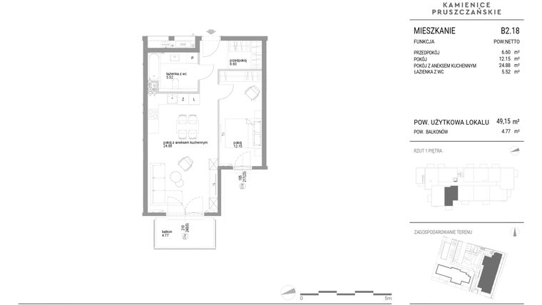 Rzut - Mieszkanie na sprzedaż 2 pokoje o powierzchni 49,15 m² - numer B2.18 w Kamienice Pruszczańskie
