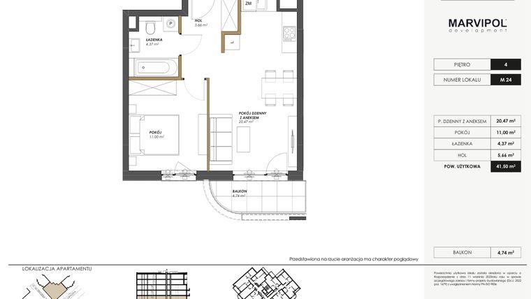 Rzut - Mieszkanie na sprzedaż 2 pokoje o powierzchni 41,5 m² - numer M24 w SENGERA 1