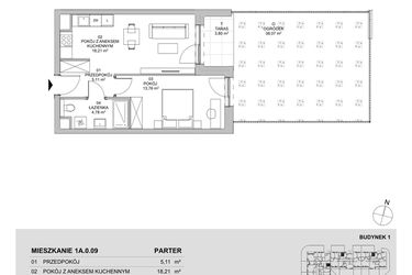 Rzut - Mieszkanie na sprzedaż 2 pokoje o powierzchni 41,86 m² - numer 1A.0.09 w Francuska Park VIIIB
