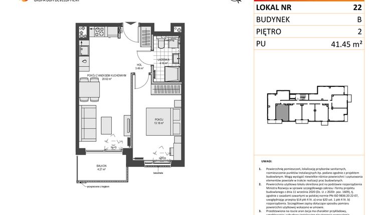 Rzut - Mieszkanie na sprzedaż 2 pokoje o powierzchni 41,45 m² - numer B22 w Przystań Brzeźno etap 1.2