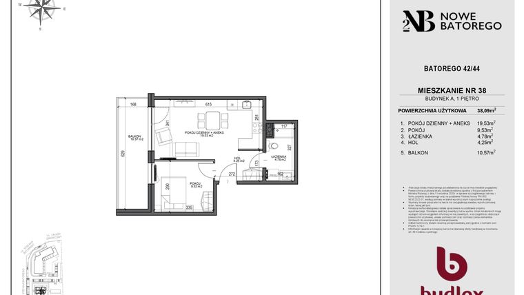 Rzut - Mieszkanie na sprzedaż 2 pokoje o powierzchni 38,09 m² - numer A38 w Nowe Batorego 2