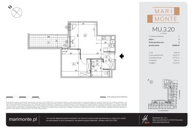 Rzut - Mieszkanie na sprzedaż 2 pokoje o powierzchni 54,07 m² - numer MU.3.20 w Marimonte - apartamenty inwestycyjne