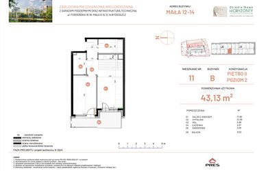Rzut - Mieszkanie na sprzedaż 2 pokoje o powierzchni 43,13 m² - numer 12.11 w Osiedle Nowe Horyzonty etap III