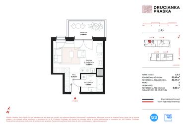 Rzut - Mieszkanie na sprzedaż 1 pokój o powierzchni 31,49 m² - numer A.5.5 w Drucianka Praska
