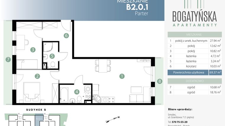 Rzut - Mieszkanie na sprzedaż 3 pokoje o powierzchni 69,37 m² - numer B2.0.1 w Bogatyńska Maślice Milo Dobry Deweloper