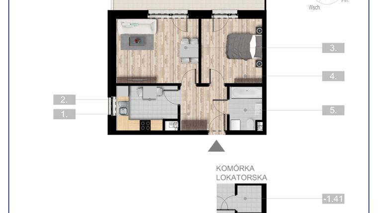 Rzut - Mieszkanie na sprzedaż 2 pokoje o powierzchni 47,84 m² - numer 3 w Szczytno Dąbrowskiego - etap 3