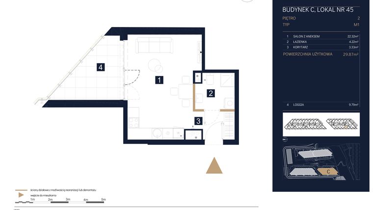 Rzut - Mieszkanie na sprzedaż 1 pokój o powierzchni 29,87 m² - numer C45 w Rezydencja Zegrze etap III
