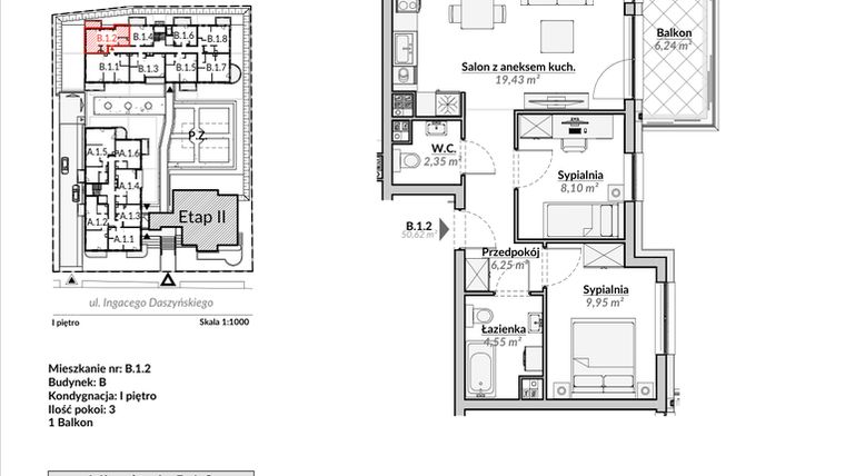 Rzut - Mieszkanie na sprzedaż 3 pokoje o powierzchni 50,62 m² - numer B.1.2 w Nowa Fregata