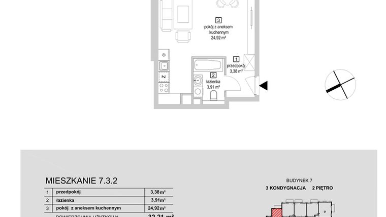 Rzut - Mieszkanie na sprzedaż 1 pokój o powierzchni 32,21 m² - numer 7.3.2 w Osiedle Przyjemne IV