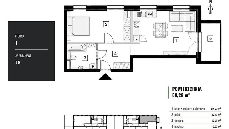 Rzut - Mieszkanie na sprzedaż 2 pokoje o powierzchni 50,28 m² - numer M.18 w Zielony Horyzont II